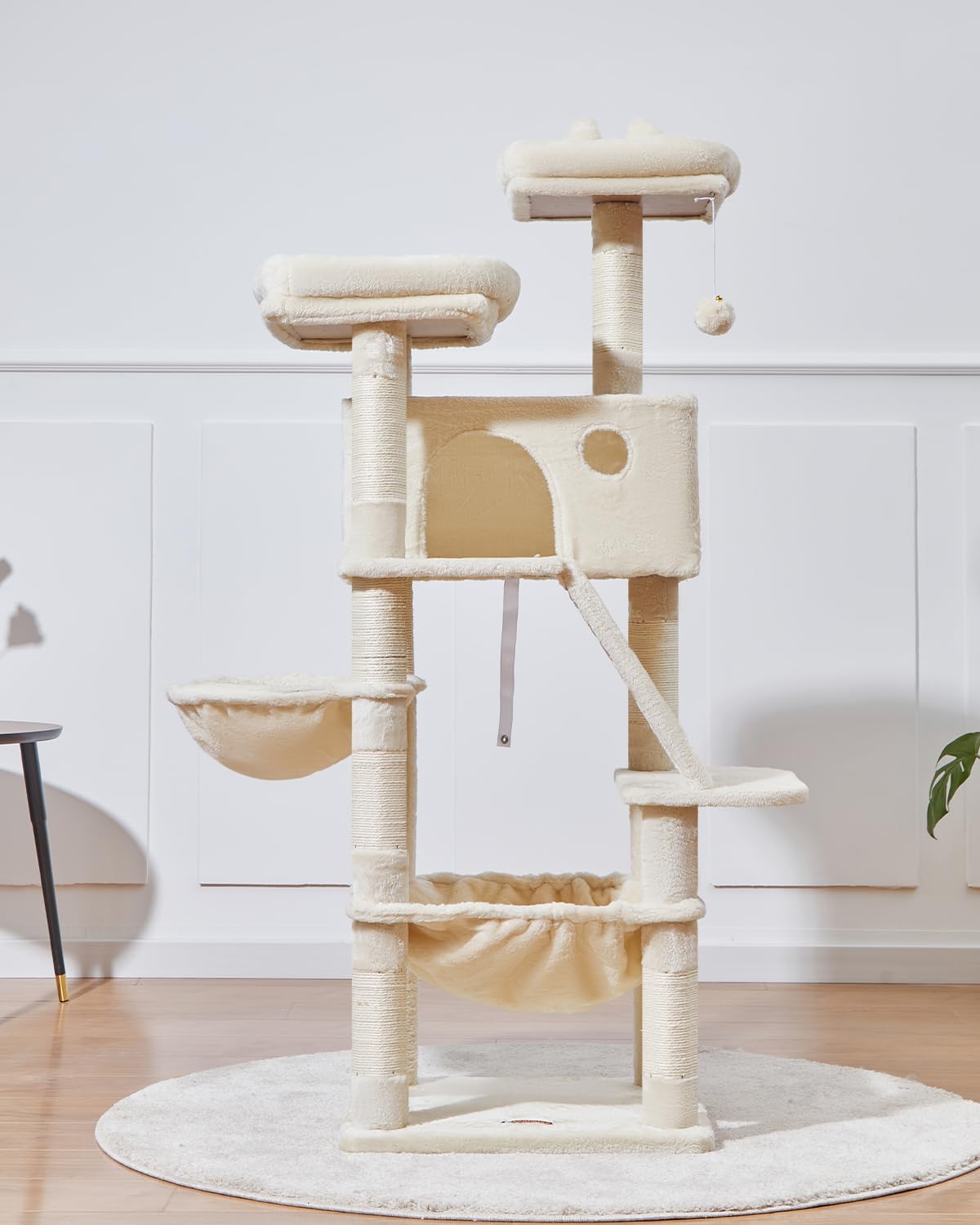 Taoqimiao 180CM Kratzbaum Groß, Katzenbaum Katzen Kratzbaum Grosse Katzen Stabil mit 2 Katzenhaus, Metallhängematte, Korb, 8 Kratzsäulen, Katzenkratztafel, MS026LM Beige