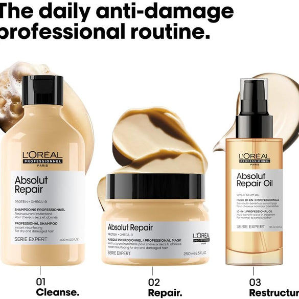 L’Oréal Professionnel | Absolut Repair Oil multi-benefit leave in treatment | For dry and damaged hair | | Repairs & Hydrates Dry, Damaged Hair | With Protein and Gold Quinoa | SERIE EXPERT | 90ml