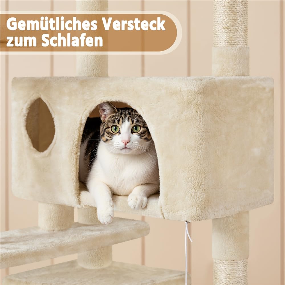 Yaheetech Kratzbaum Groß, 139 cm hoch, Mehrstöckiger Katzenbaum Kletterturm mit 3 Kratzsäulen, 3 Plattformen, 2 Gemütlichen Höhlen, 2 Plüschbällen, Stabiler Aktivitätsbereich für Katzen, Dunkelgrau
