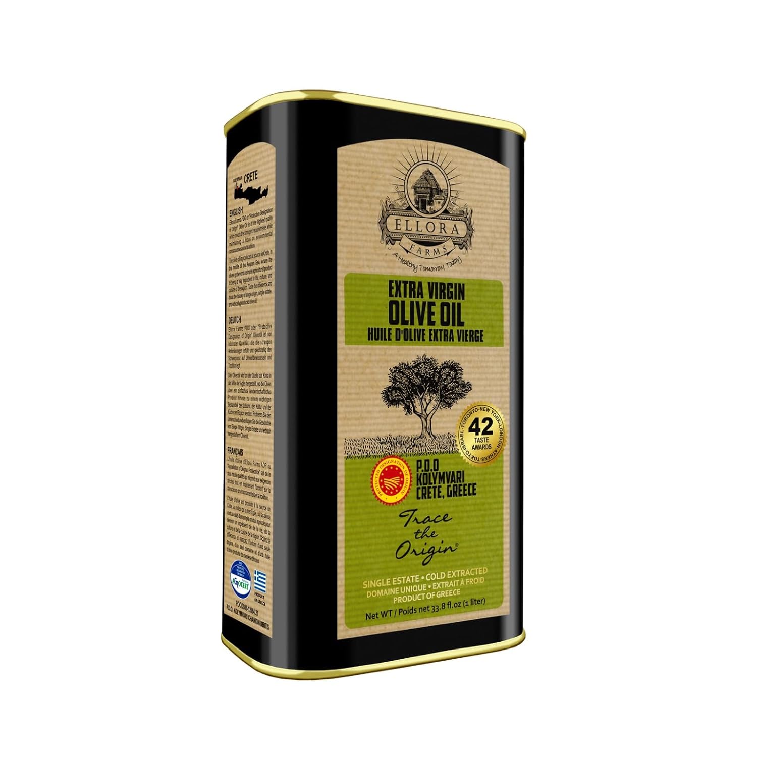Ellora Farms Olive Oil Extra Virgin, Certified Single Estate PDO, Polyphenol Rich Extra Virgin Olive Oil Cold Pressed & Traceable, Global Gold Awards EVOO, Kosher, Crete, Greece 33.8 Fl oz (1 Ltr)