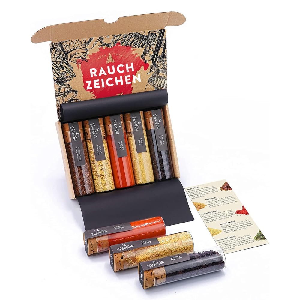 TIMBER TASTE® Grillgewürze Geschenkset - 5 premium BBQ Gewürze Rubs & Marinaden in edler Geschenkbox | Geschenke für Männer | Vatertag Geschenk | Gewürze Geschenkset ideal zum Grillen Geschenk Set