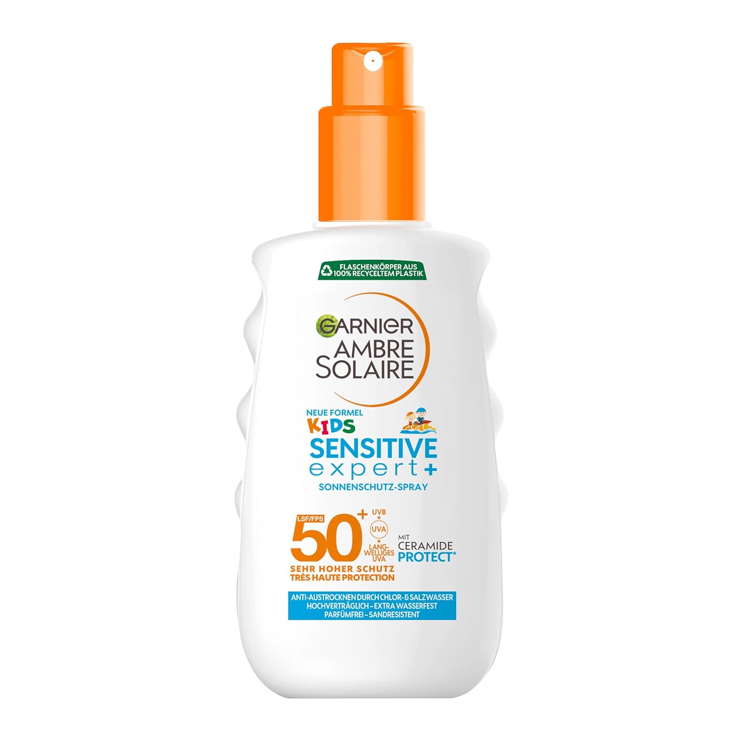 Garnier Sonnencreme LSF 50+ für Kinder, Wasserfest und resistent gegen Sand, Ambre Solaire Kids Sensitive expert+ Sonnenschutzspray, 1 x 150 ml