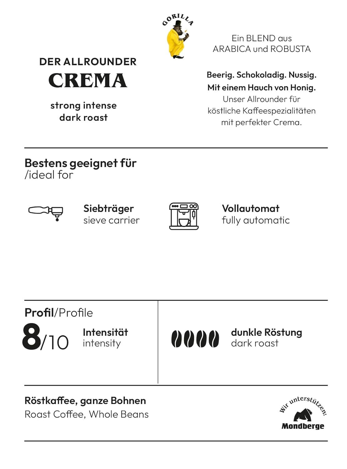 Joerges Gorilla Super Bar Crema Kaffeebohnen 1 kg Vollmundiger Geschmack, intensives Aroma in jeder Tasse