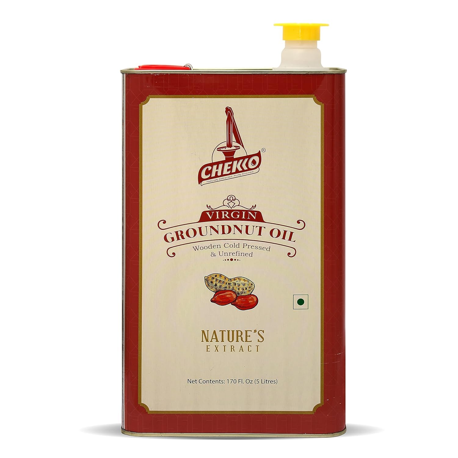 Chekko Cold Pressed Virgin 5L Groundnut/Peanut Oil | 100% Natural, Pure, Non GMO & Wood Pressed 169 FL.Oz for Cooking