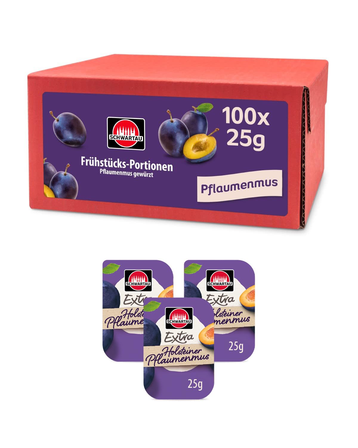 Schwartau Samt Portionen Mix-Box, Konfitüre Portionsschalen (50 x Erdbeere, 25 x Aprikose, 25 x zweierlei Kirsch), Großpackung, 100 x 25g