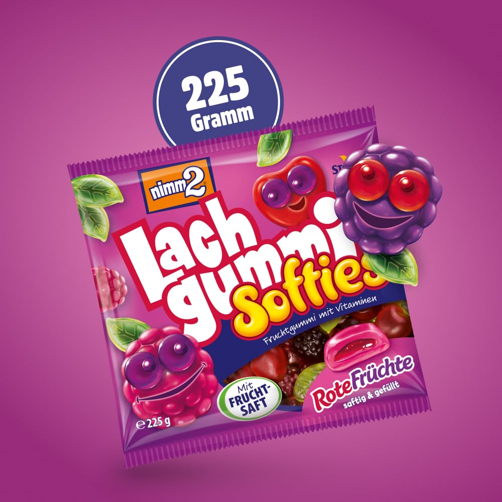 nimm2 Lachgummi Softies Rote Früchte – 1 x 225 g – Gefülltes Fruchtgummi mit Fruchtsaft und Vitaminen – Süßigkeit in sechs Geschmacksrichtungen