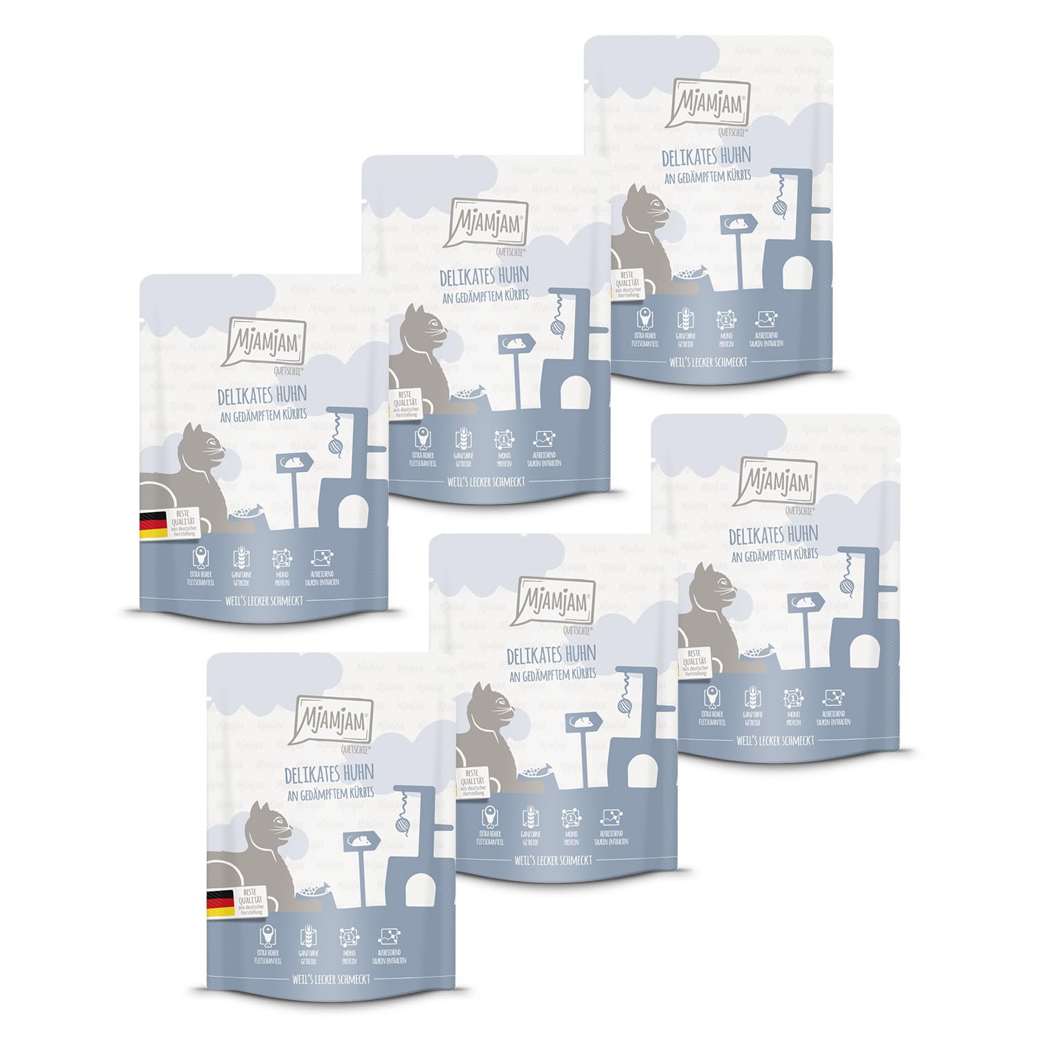 MjAMjAM - Premium Nassfutter für Katzen - saftiges Huhn an leckeren Möhrchen, 6er Pack (6 x 400 g), getreidefrei mit extra viel Fleisch
