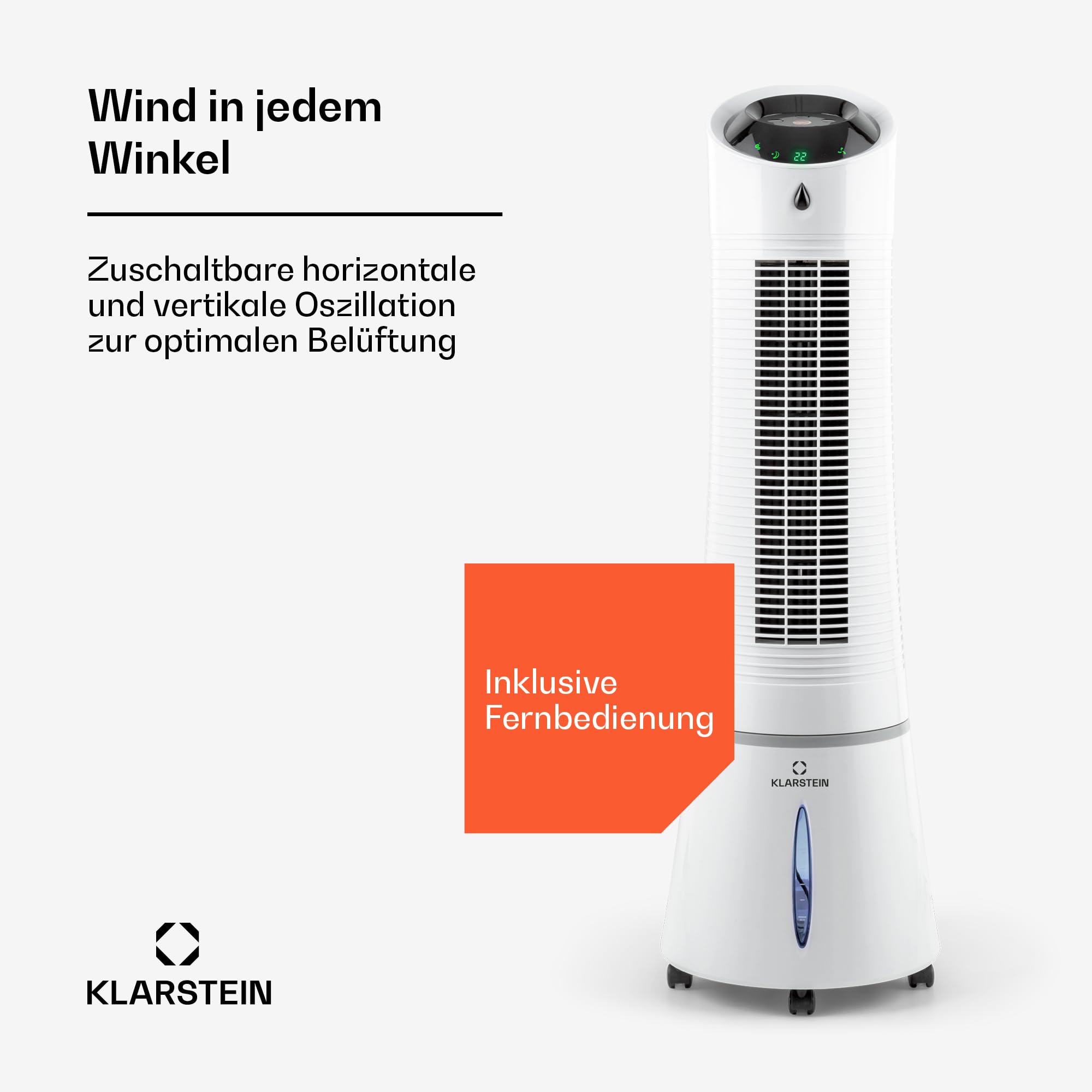 Klarstein Luftkühler mit Wasserkühlung, 5-in-1 Verdunstungskühler, Luftbefeuchter, Ventilator, Luftreiniger & Nachtmodus, Mobile Klimageräte Luftkühler 6L, 45 Watt Air Cooler, 180 m³/h Luftstrom