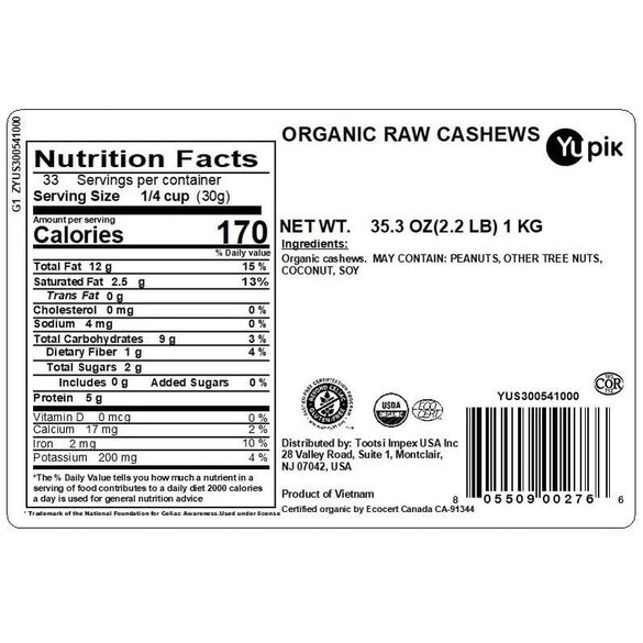 Yupik Organic Raw Cashews, 2.2 lb (35.2 oz), Kosher, Gluten-Free, Non-GMO, Vegan, Whole Nuts, Unsalted, Unroasted, Source of Protein & Iron, Nutritious, Crunchy, Healthy Snacks, For Baking & Cooking