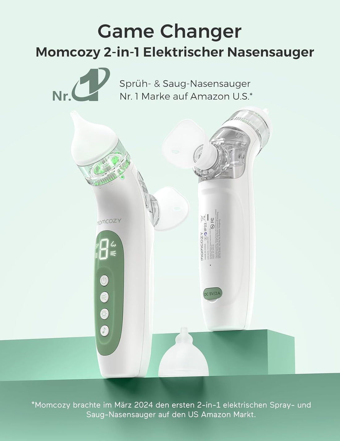 Momcozy BN007 BreezyClear Nasensauger Baby elektrisch, 2-in-1 mit Sprühfunktion, 65 kPa Saugkraft, 4 Stufen, leise & tragbar, mit Licht & Musik
