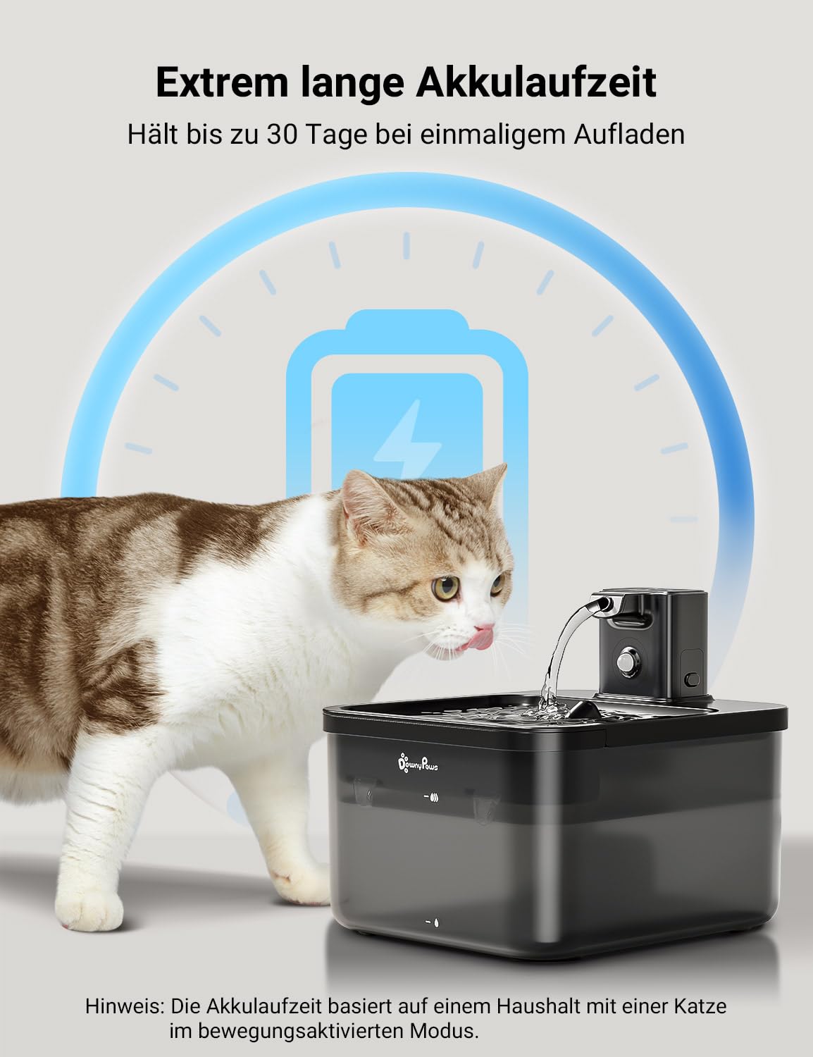 DownyPaws 2.5L Trinkbrunnen für Katze Kabellos, Katzenbrunnen Kabellos mit Bewegungsmelder, Batteriebetrieben Katzentrinkbrunnen, 4000mAh, Leise Wasserpumpe, Tablett aus Edelstahl für Katze, Schwarz