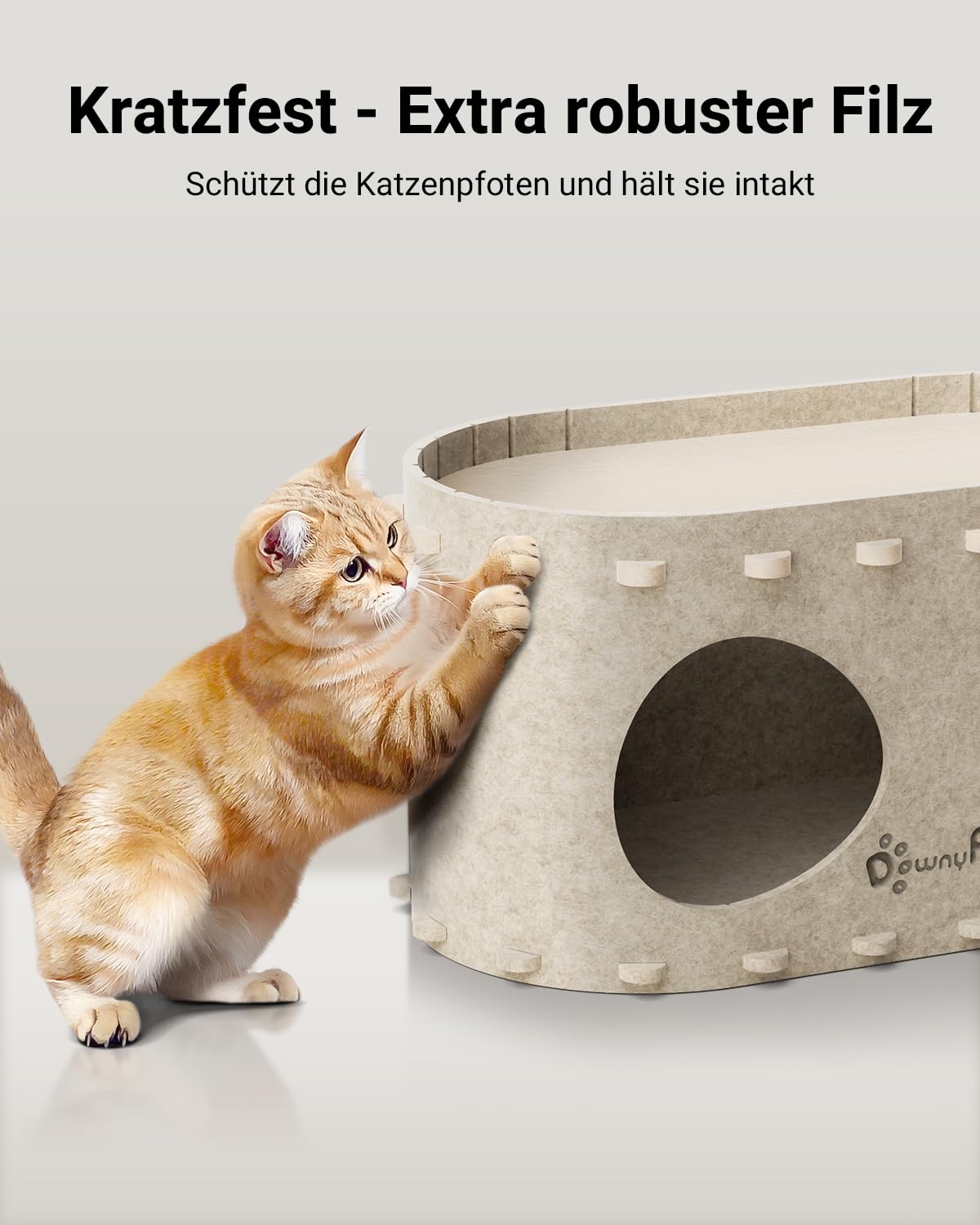 Katzenhöhle Filz, Katzenhaus aus Filz, Katzenbett, Katzenhöhle für Katzen, 58 x 33 x 30cm, Peek-a-Boo zum Spielen, Winterfest, Schutz der Katzennägel, Beige