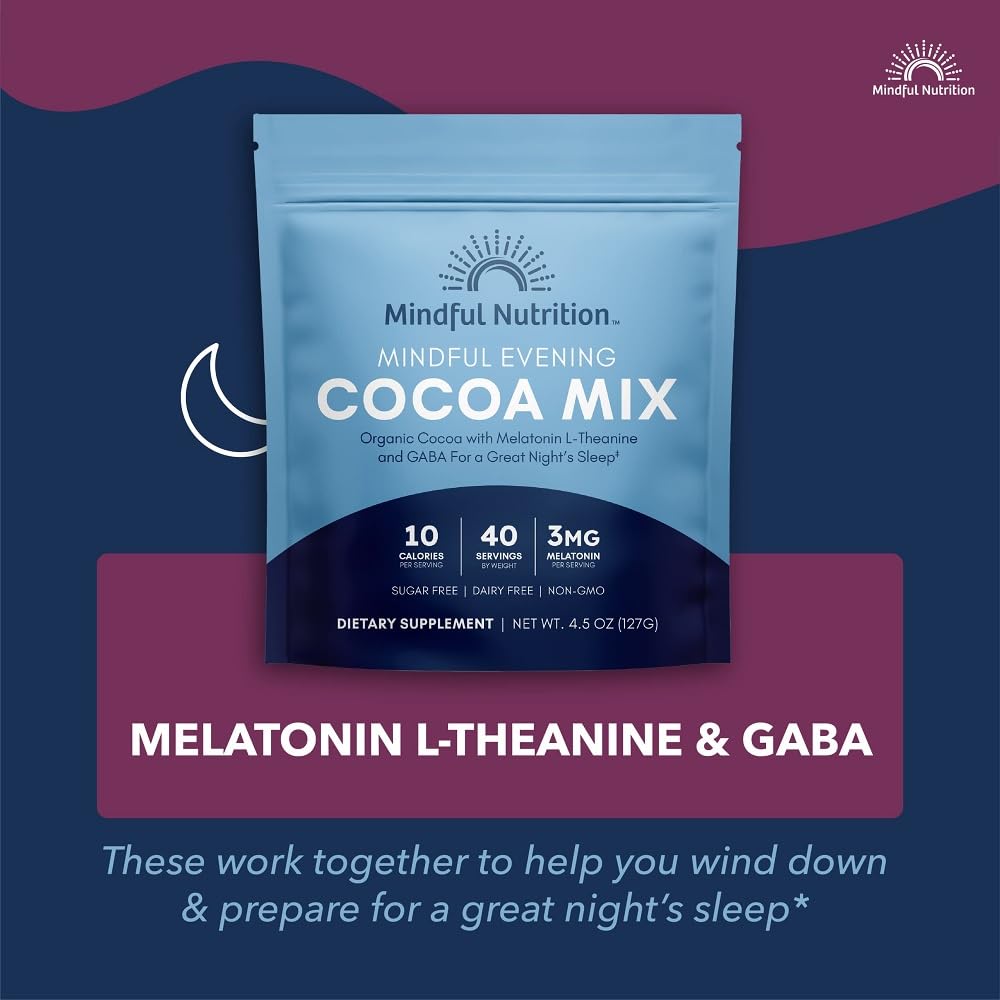 Mindful Evening Sugar-Free Cocoa Mix Natural Sleep Aid, 40 Servings, Melatonin 3mg, L-Theanine, GABA Supplements, Natural Calm Sleep Support Stress Relief Calm Sleepy Cocoa Nighttime Hot Chocolate