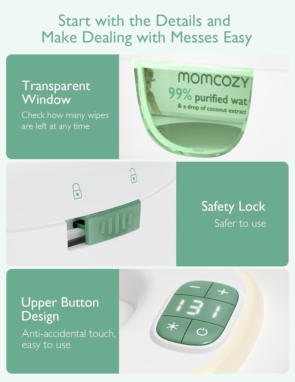 Momcozy Feuchttuch Wärmer, Federdesign, Feuchttücher Box mit großem Fassungsvermögen, schnelles und gleichmäßiges Erwärmen, Temperaturregelung mit 4 Heizmodi, Feuchttuchwärmer mit Nachtlicht