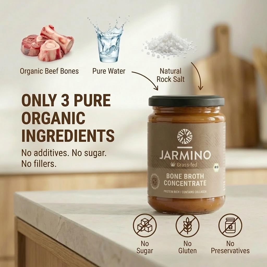JARMINO Bio Rinderknochenbrühe Konzentrat, Grasgefütterte Brühe für Menschen, Flüssige Knochenbrühe mit Kollagenprotein, Keto, Paleo & AIP geeignet, Rinderbrühe, 440 g, 44 Portionen