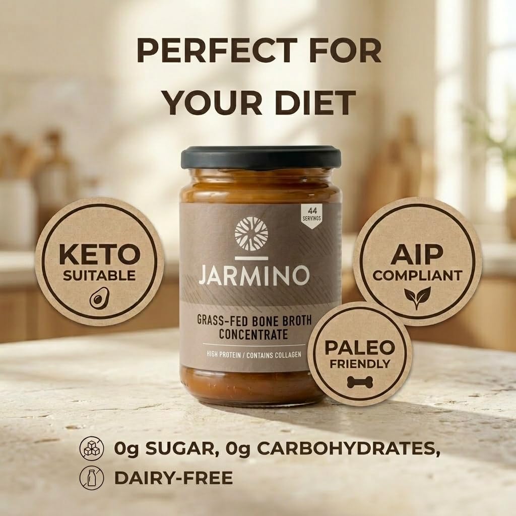 JARMINO Bio Rinderknochenbrühe Konzentrat, Grasgefütterte Brühe für Menschen, Flüssige Knochenbrühe mit Kollagenprotein, Keto, Paleo & AIP geeignet, Rinderbrühe, 440 g, 44 Portionen