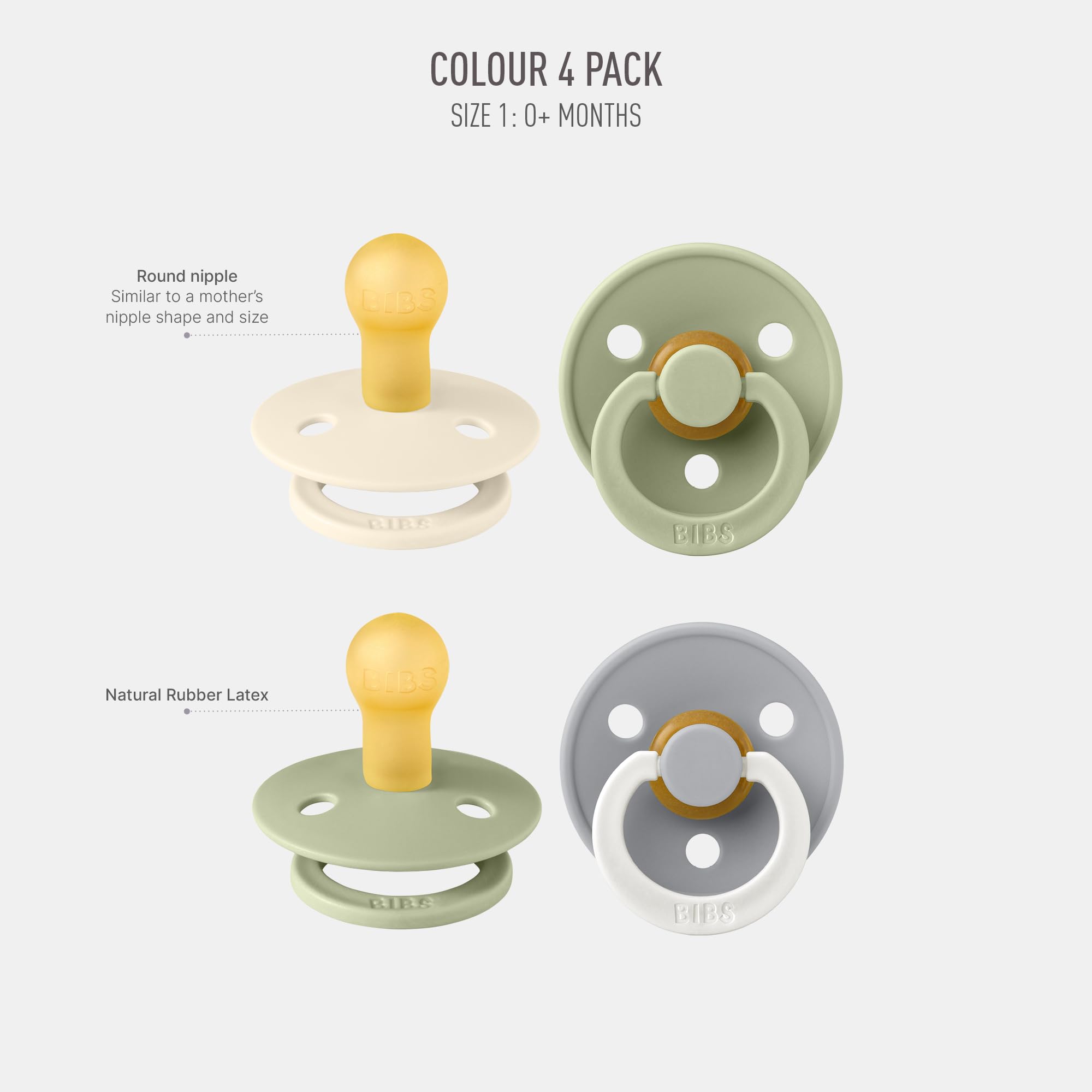 BIBS Colour Schnuller 4er-Pack, BPA-frei, Kirschform Nippel. Naturkautschuk/Latex, Hergestellt in Dänemark. 6-18 Monate (4er Pack), Iron Mix