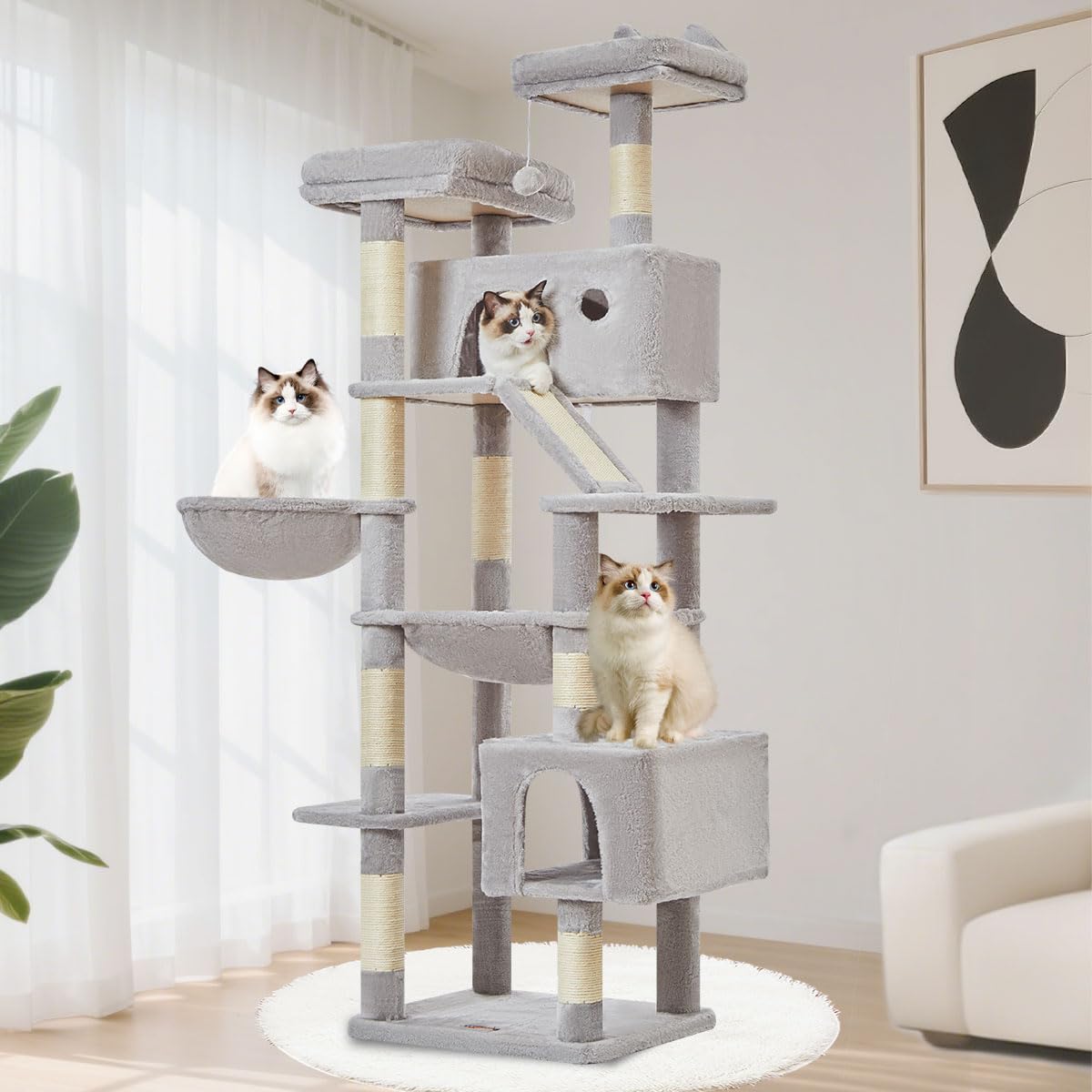 Taoqimiao 180CM Kratzbaum Groß, Katzenbaum Katzen Kratzbaum Grosse Katzen Stabil mit 2 Katzenhaus, Metallhängematte, Korb, 8 Kratzsäulen, Katzenkratztafel, MS026LM Beige