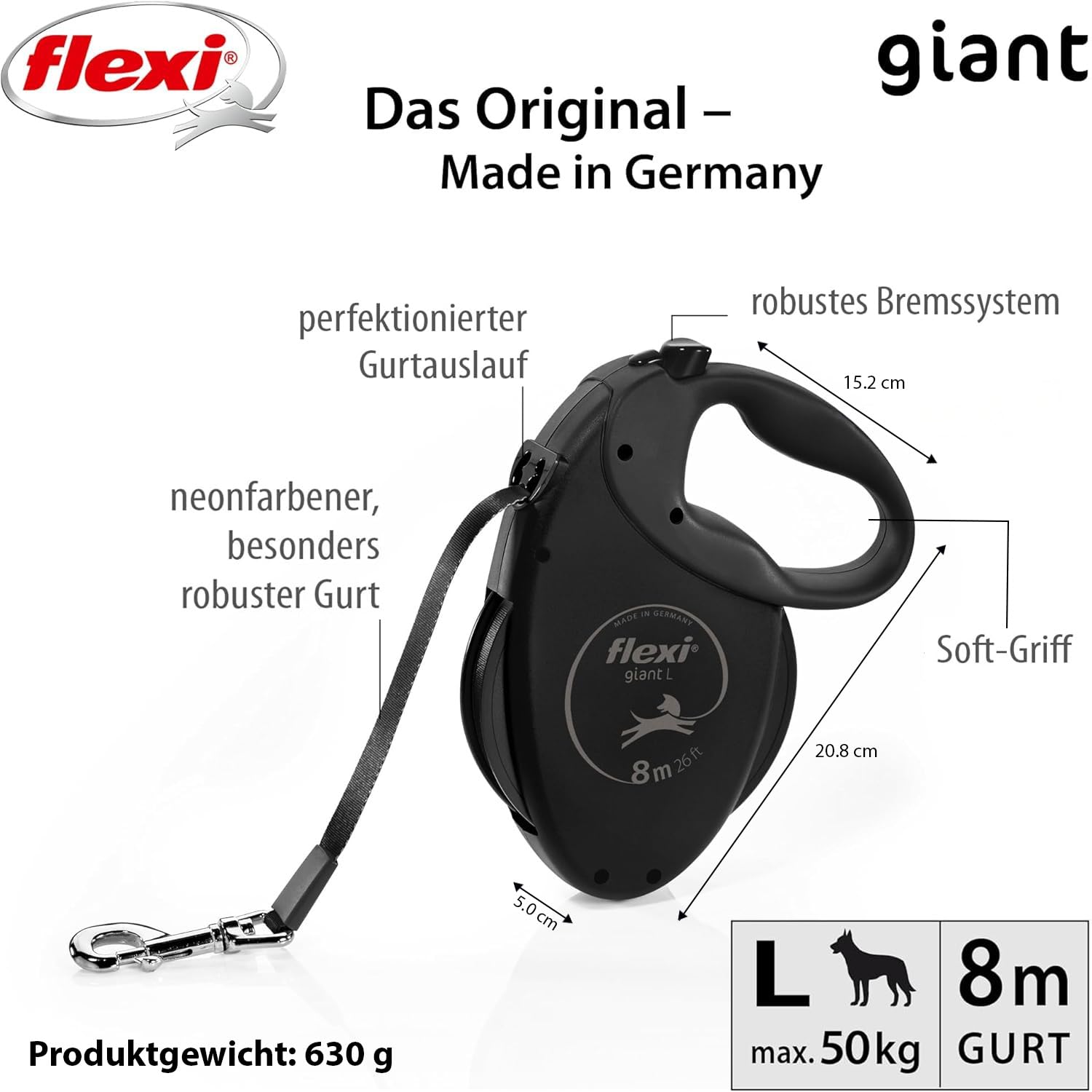flexi® Giant S/M | 8m Gurt Roll-Leine für Hunde bis 25 kg | schwarz/neon-gelb | ausziehbare Hundeleine | Gewicht 438.4 gr | Maße 15.3 x 19.2 cm