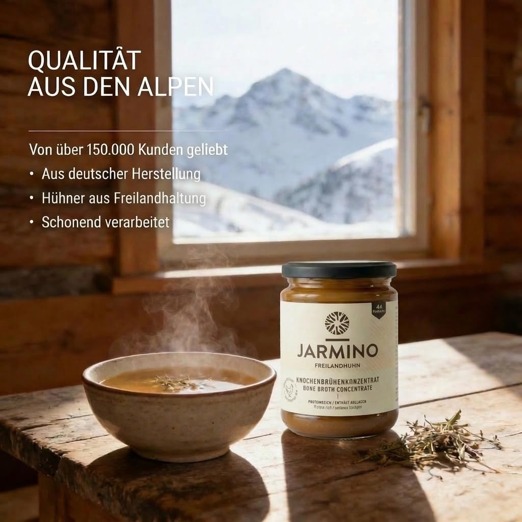 JARMINO Bio Rinderknochenbrühe Konzentrat, Grasgefütterte Brühe für Menschen, Flüssige Knochenbrühe mit Kollagenprotein, Keto, Paleo & AIP geeignet, Rinderbrühe, 440 g, 44 Portionen