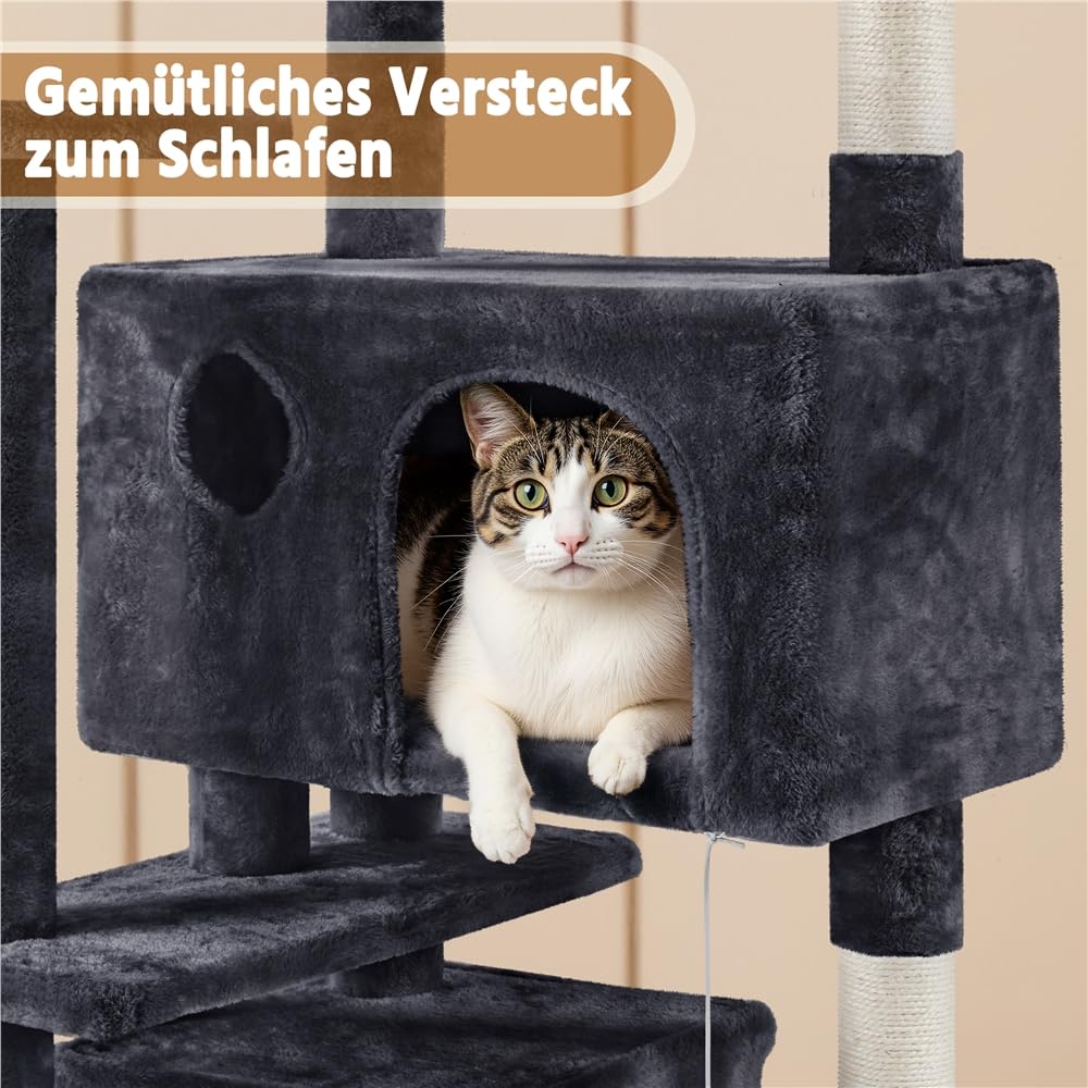 Yaheetech Kratzbaum Groß, 139 cm hoch, Mehrstöckiger Katzenbaum Kletterturm mit 3 Kratzsäulen, 3 Plattformen, 2 Gemütlichen Höhlen, 2 Plüschbällen, Stabiler Aktivitätsbereich für Katzen, Dunkelgrau