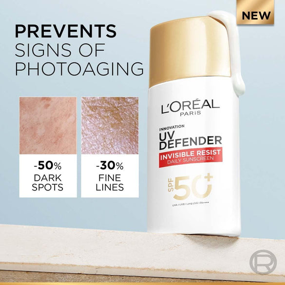 L’Oreal Paris Uv Defender Invisible Resist Daily Sunscreen Spf50+ Pa++++ 50Ml | Lightweight, Waterproof, Sweatproof & Protects From Pollution & Dust