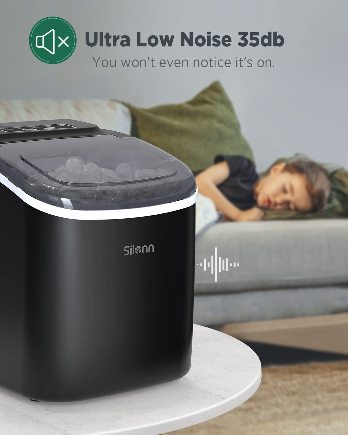 Silonn Ice Maker Countertop, Portable Ice Machine with Carry Handle, Self-Cleaning Ice Makers with Basket and Scoop, 9 Cubes in 6 Mins, 26 lbs per Day, Ideal for Home, Kitchen, Camping, RV