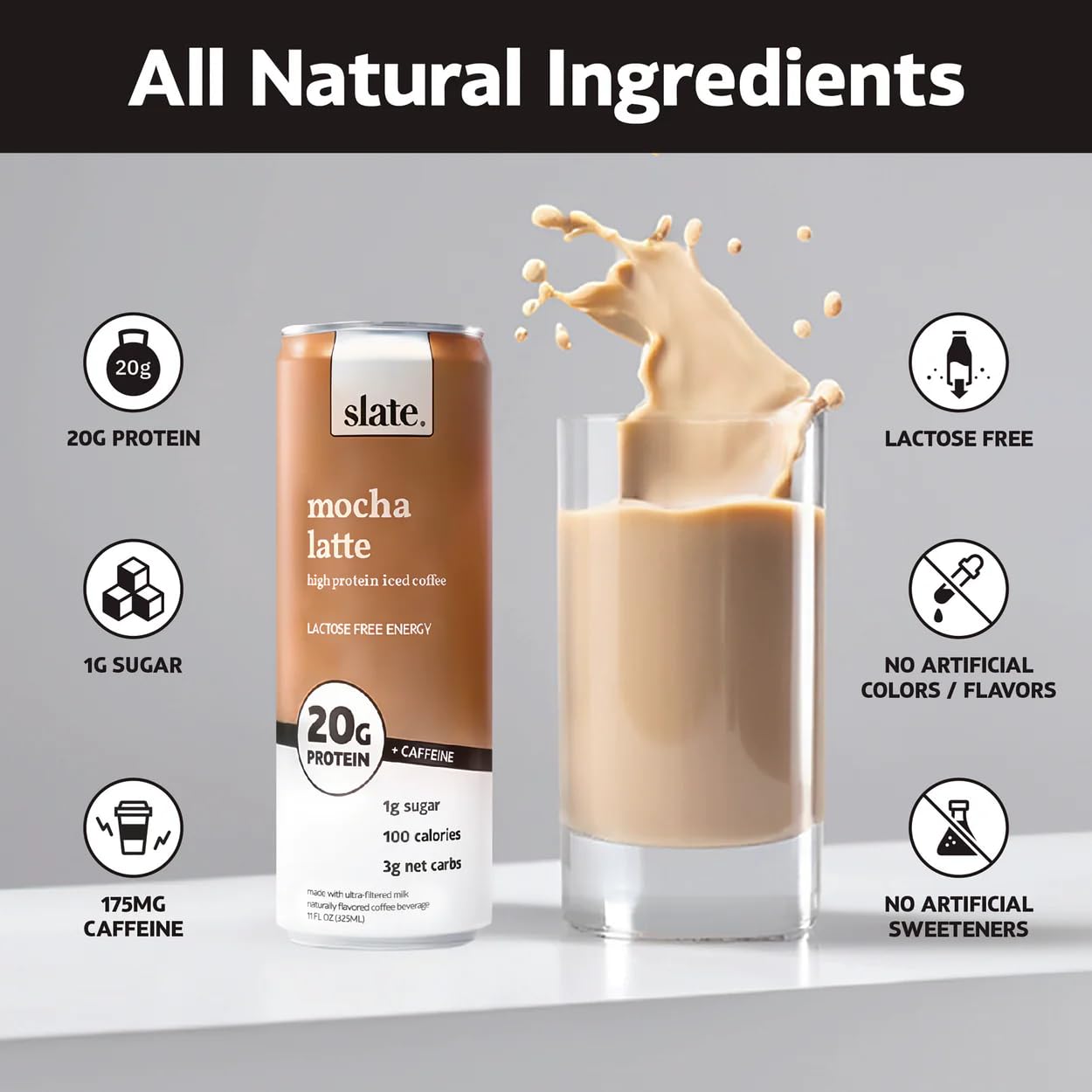 Slate Milk - High Protein Milkshake - French Vanilla - Lactose-Free, 20g Protein, 1g Sugar, 100 Calories, 1g Net Carbs, No Added Sugar - Natural, Breakfast Boost, Post Workout - 11 fl oz, 12 Cans