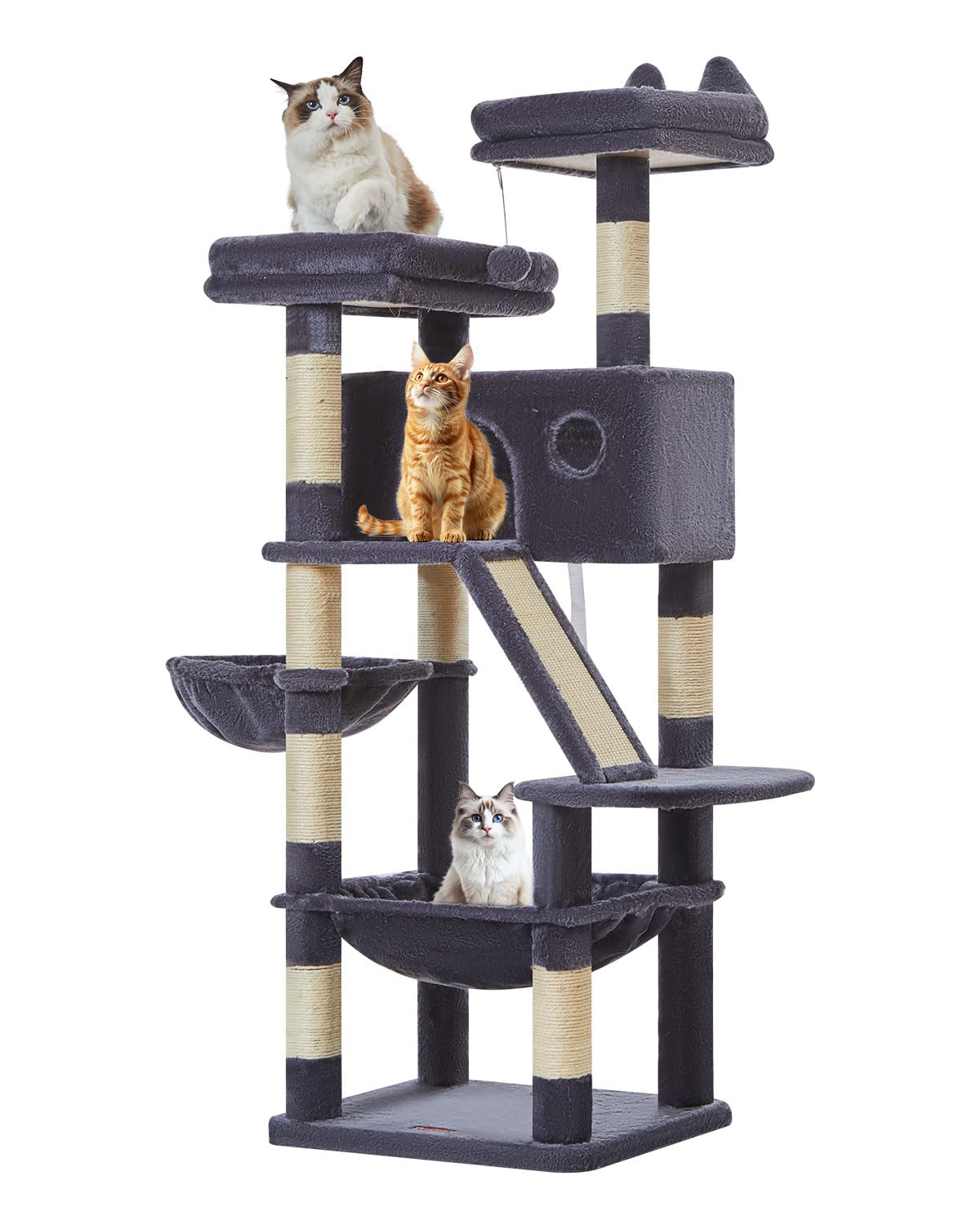 Taoqimiao 180CM Kratzbaum Groß, Katzenbaum Katzen Kratzbaum Grosse Katzen Stabil mit 2 Katzenhaus, Metallhängematte, Korb, 8 Kratzsäulen, Katzenkratztafel, MS026LM Beige