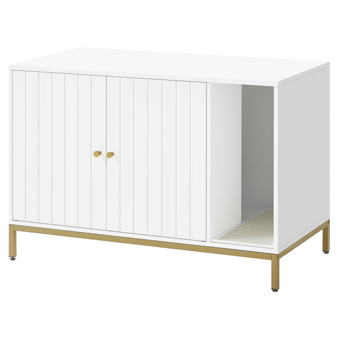 Feandrea Katzenklo-Schrank, Katzenhaus, Katzentoilette, mit Kratzmatte, hohe Beine, für Katzen, Beistelltisch, 80 x 50 x 55 cm, weiß-goldfarben PCL007W01