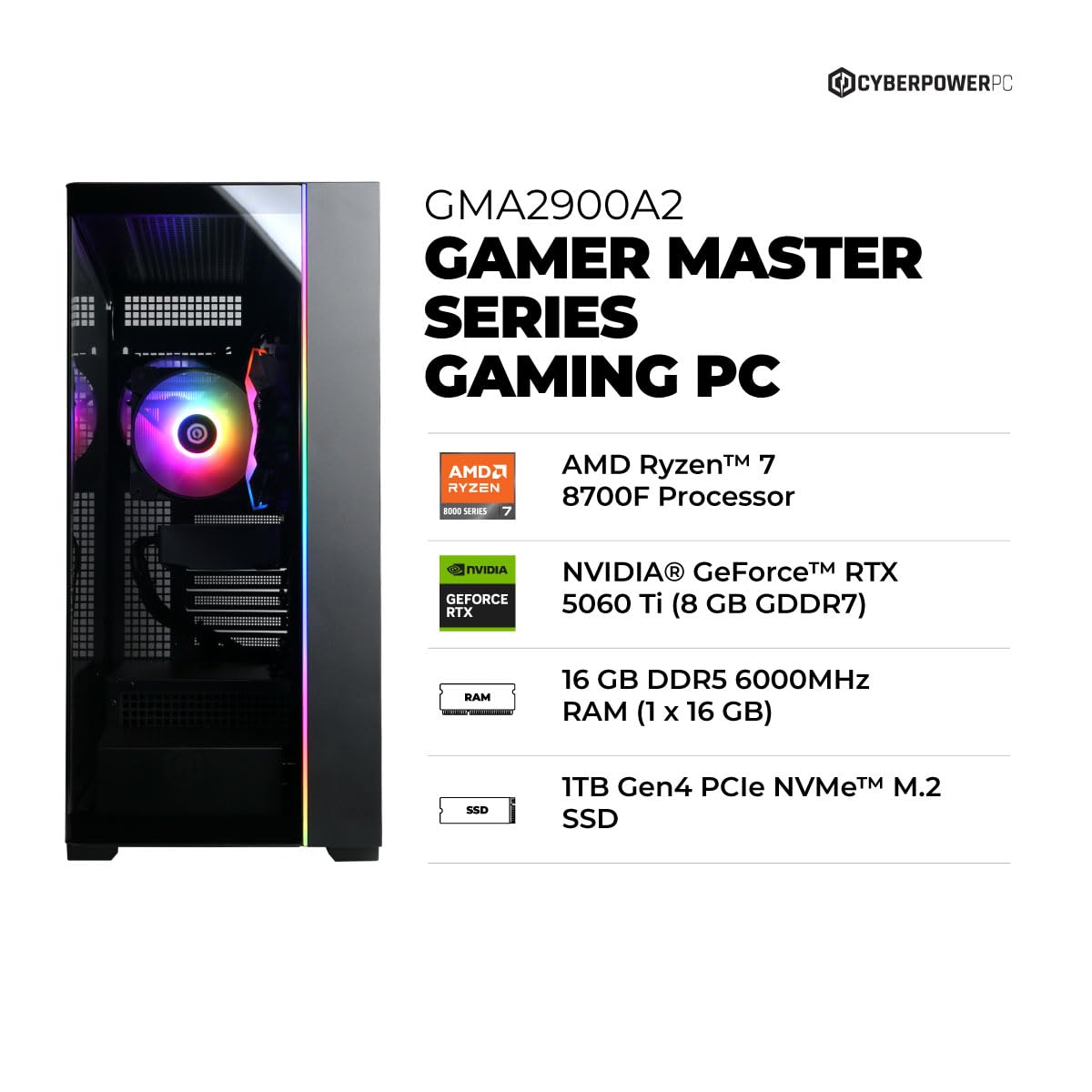 CyberPowerPC Gamer Master Gaming PC, AMD Ryzen 7 8700F 4.1GHz, GeForce RTX 5060 Ti 8GB, 16GB DDR5, 1TB PCIe 4.0 SSD, WiFi Ready & Windows 11 Home (GMA2900A3)