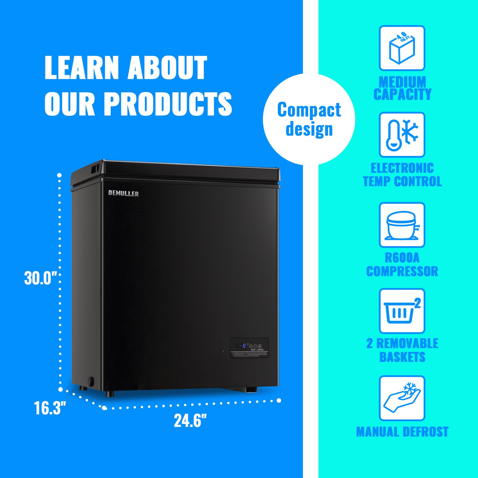 Mini Chest Freezer Compact Deep Freezing Machine with Electronic Temperature Control (Accurate to 1 ℉) Freestanding Small Freezer with 2 Removable Storage Baskets Black