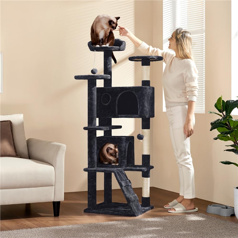 Yaheetech Kratzbaum Groß, 139 cm hoch, Mehrstöckiger Katzenbaum Kletterturm mit 3 Kratzsäulen, 3 Plattformen, 2 Gemütlichen Höhlen, 2 Plüschbällen, Stabiler Aktivitätsbereich für Katzen, Dunkelgrau