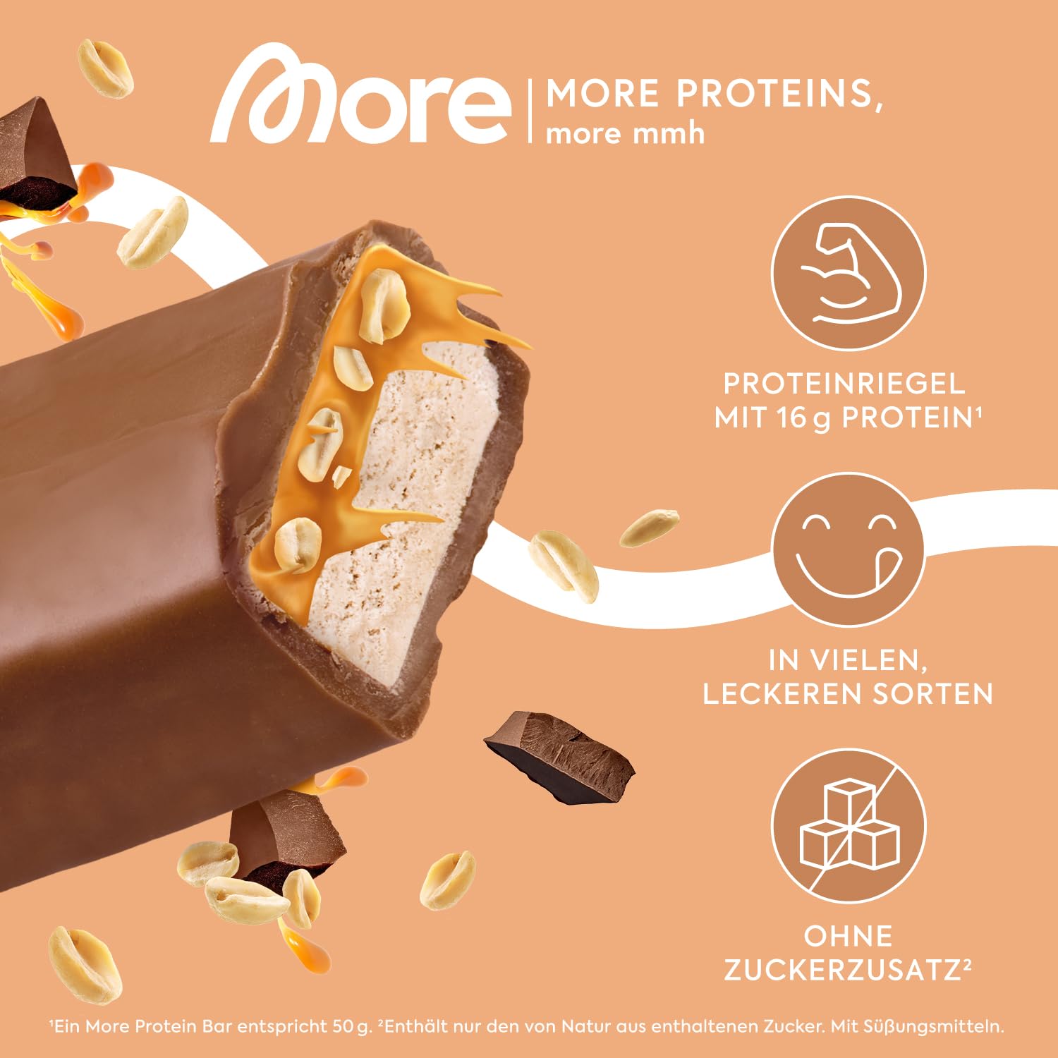 MORE Protein Bar, 10er Box, White Chocolate Peanut Caramel, Protein Riegel ohne Zuckerzusatz (Design kann variieren)