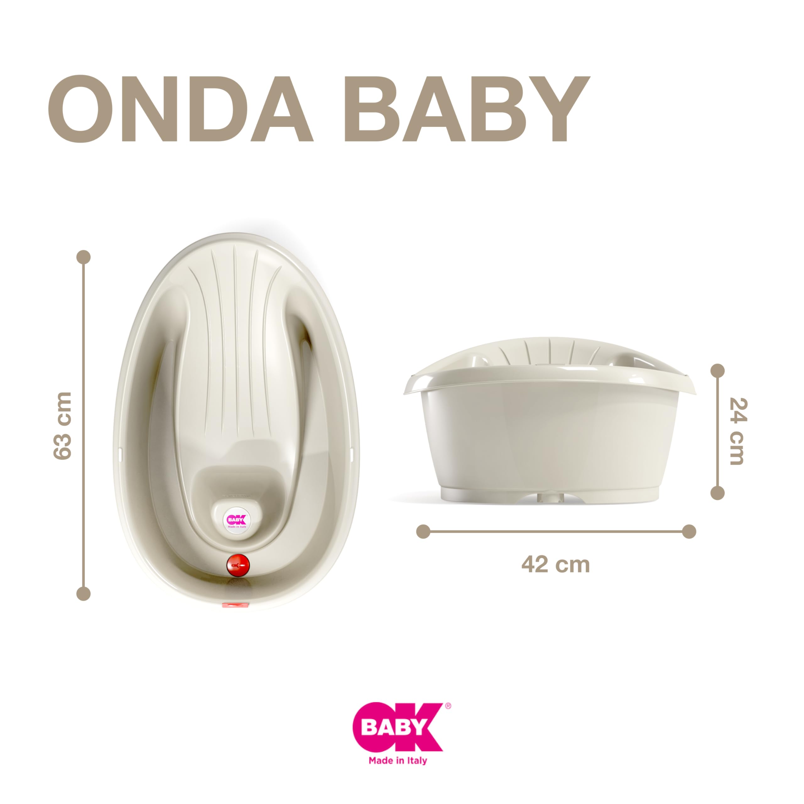 Onda Baby-Badewanne - Rutschsichere Basis, mit eingebautem digitalen Flüssigkristall-Thermometer - Rückenstütze für zusätzlichen Komfort - Passt in die Badewanne oder die ebenerdige - Weiss