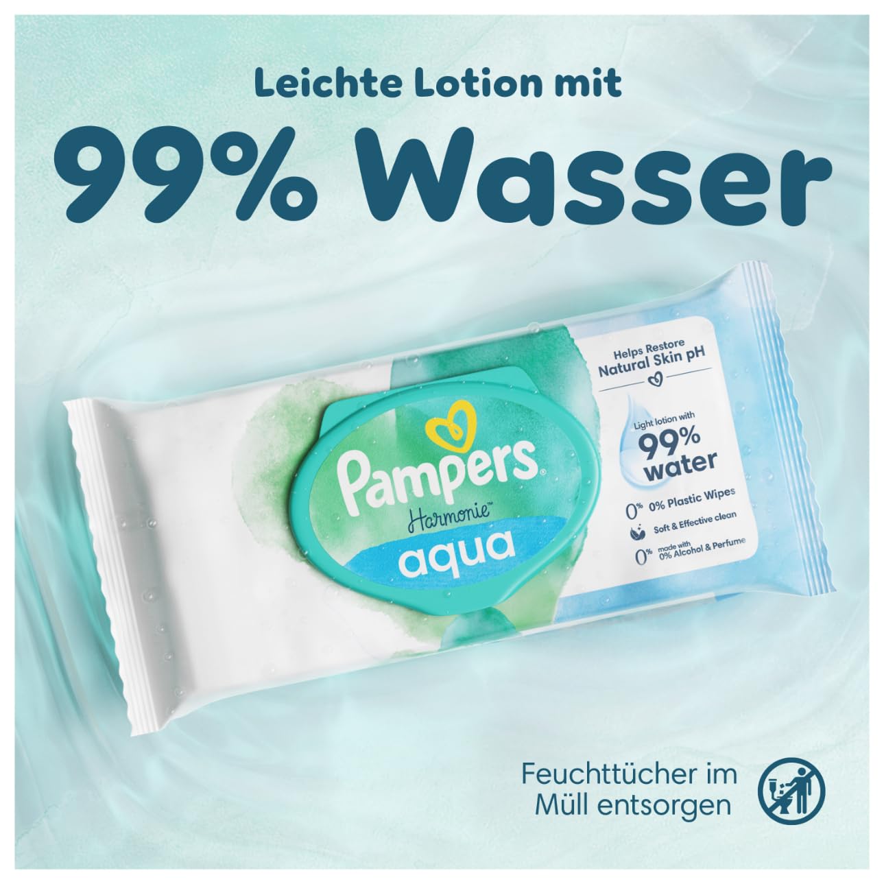Pampers Harmonie Aqua Feuchttücher 24 Packungen mit jeweils 48 Feuchttüchern, 1152 Feuchttücher, die helfen, den natürlichen pH-Wert der Haut wiederherzustellen, leichte Lotion mit 99 Prozent Wasser