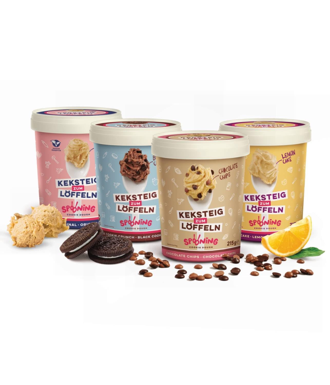 Spooning Cookie Dough Bundle, Keksteig zum Löffeln in 4 verschiedenen Sorten, Classic, Chocolate Chips, Black Cookie Crunch, Lemon Cake, 4x 215g