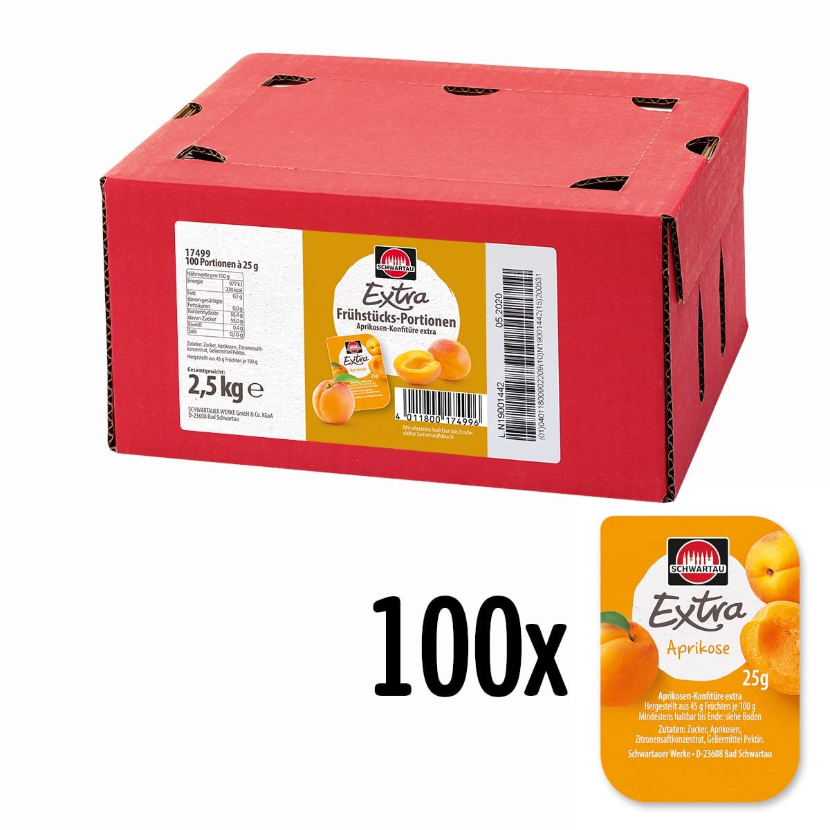 Schwartau Samt Portionen Mix-Box, Konfitüre Portionsschalen (50 x Erdbeere, 25 x Aprikose, 25 x zweierlei Kirsch), Großpackung, 100 x 25g