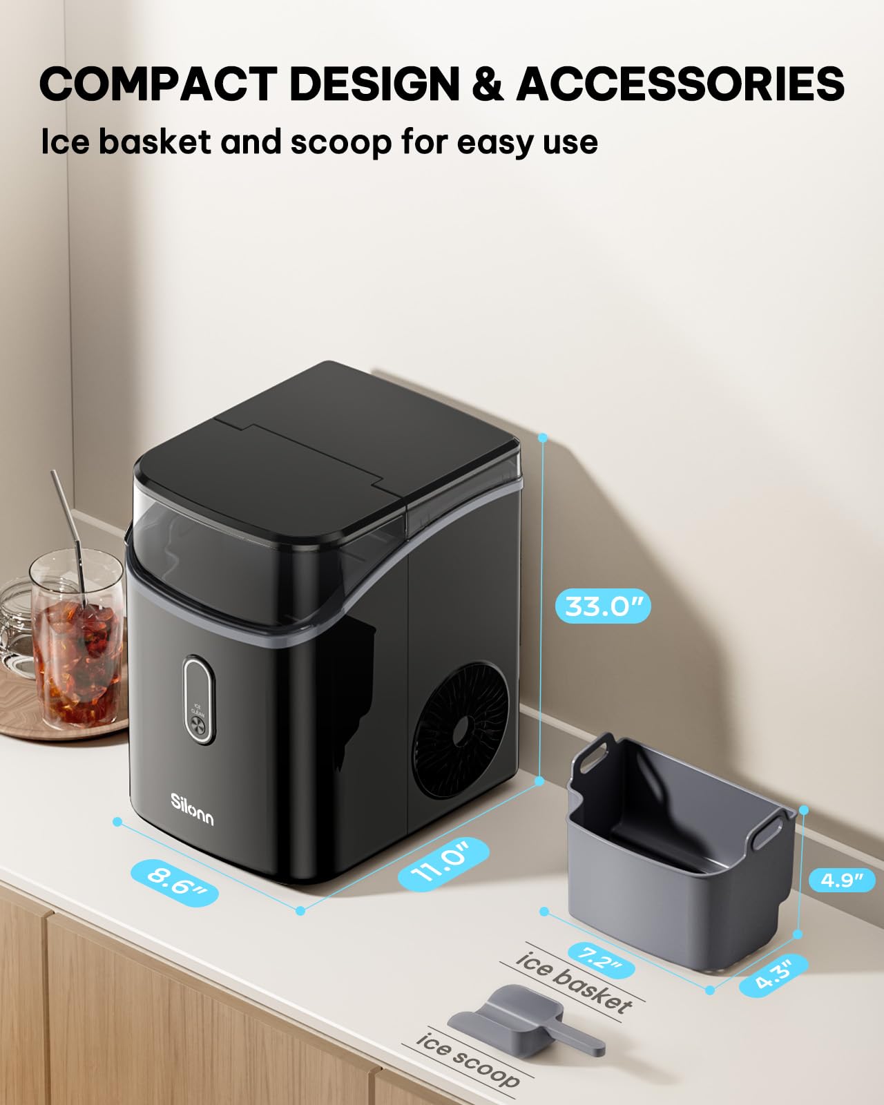 Silonn Ice Maker Countertop, Portable Ice Machine with Carry Handle, Self-Cleaning Ice Makers with Basket and Scoop, 9 Cubes in 6 Mins, 26 lbs per Day, Ideal for Home, Kitchen, Camping, RV