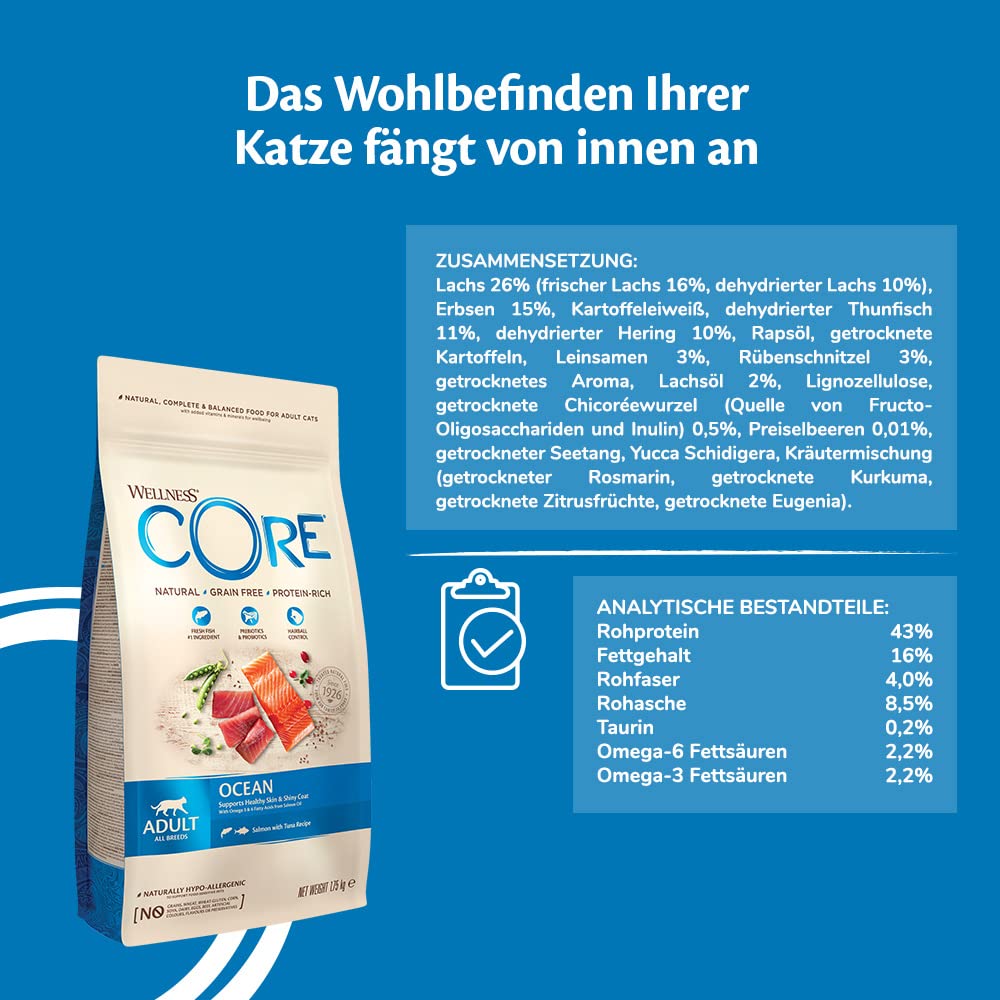 Wellness CORE Sterilised Ocean 4 kg, Lachs – Katzenfutter Trocken für sterilisierte Katzen, getreidefrei, natürlich, hypoallergen, proteinreich, unterstützt gesunde Haut und glänzendes Fell