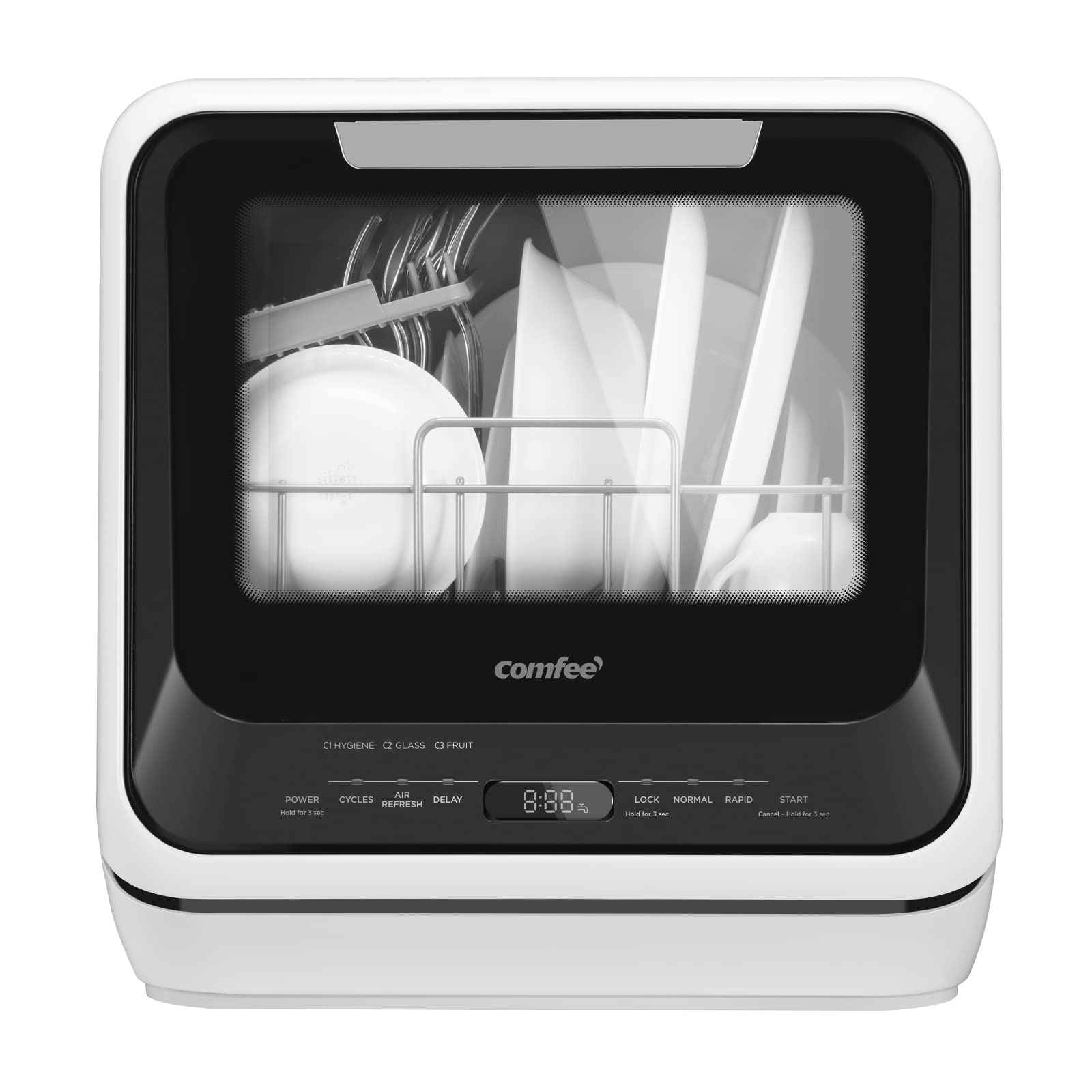 COMFEE' Portable Dishwasher Countertop with 5L Built-in Water Tank, No Hookup Needed, 6 Programs, 360° Dual Spray, 192℉ High-Temp& Air-Dry Function, Mini Dishwasher for RVs, White