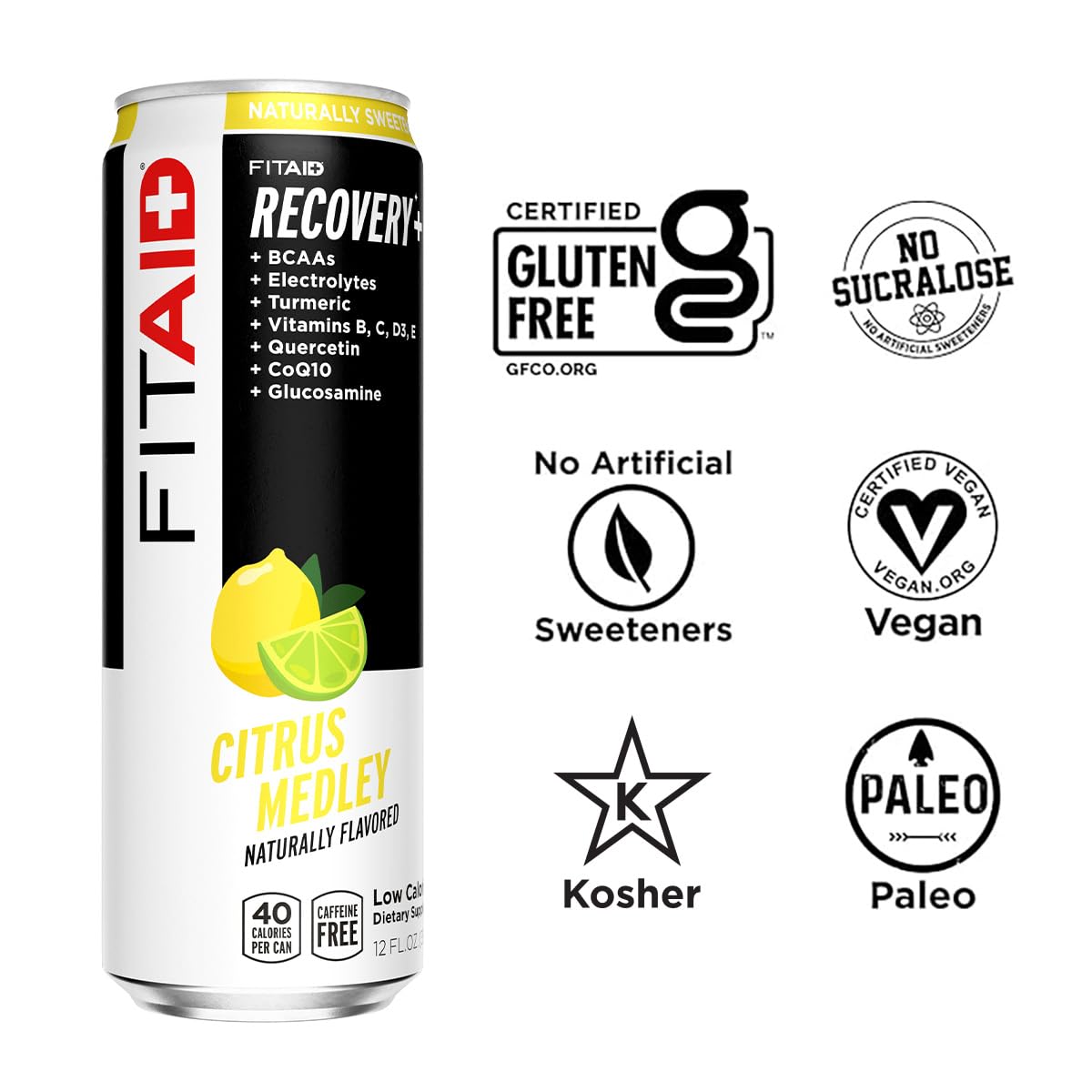 FITAID Recovery Blend, BCAAs, 100% Clean, Paleo, B-Complex, Citrus Medley, No Sucralose, 12-oz. cans (Pack of 12)