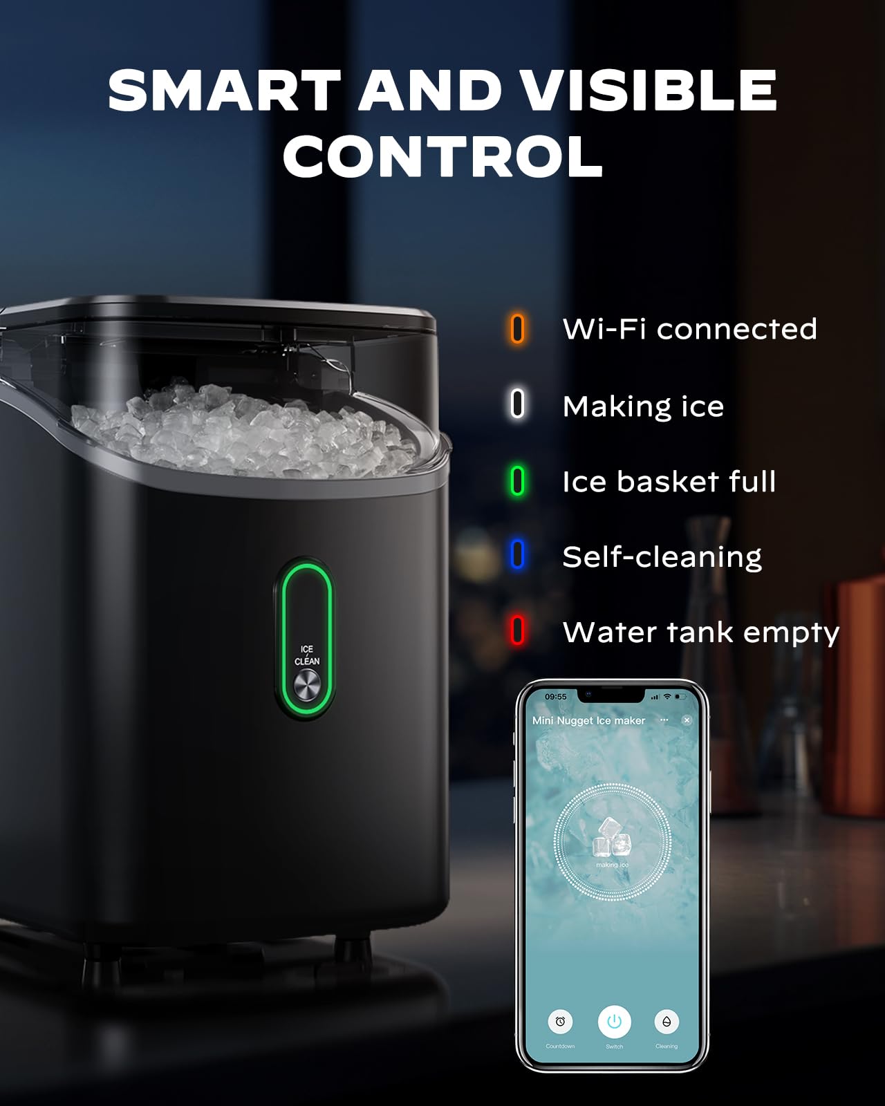 Silonn Ice Maker Countertop, Portable Ice Machine with Carry Handle, Self-Cleaning Ice Makers with Basket and Scoop, 9 Cubes in 6 Mins, 26 lbs per Day, Ideal for Home, Kitchen, Camping, RV