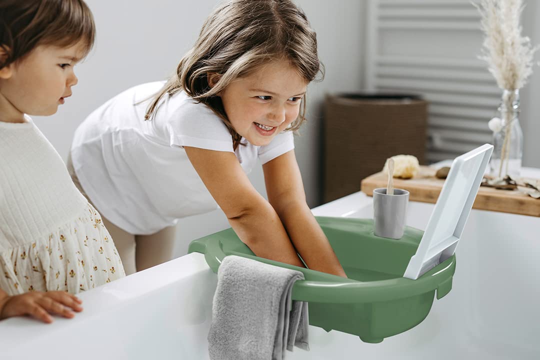 Rotho Babydesign Kiddy Wash - Kinderwaschbecken - Waschbecken - mobiles Kinderwaschbecken für die Badewanne - mit Spiegel- Ideal für Bad & Kinderzimmer grün