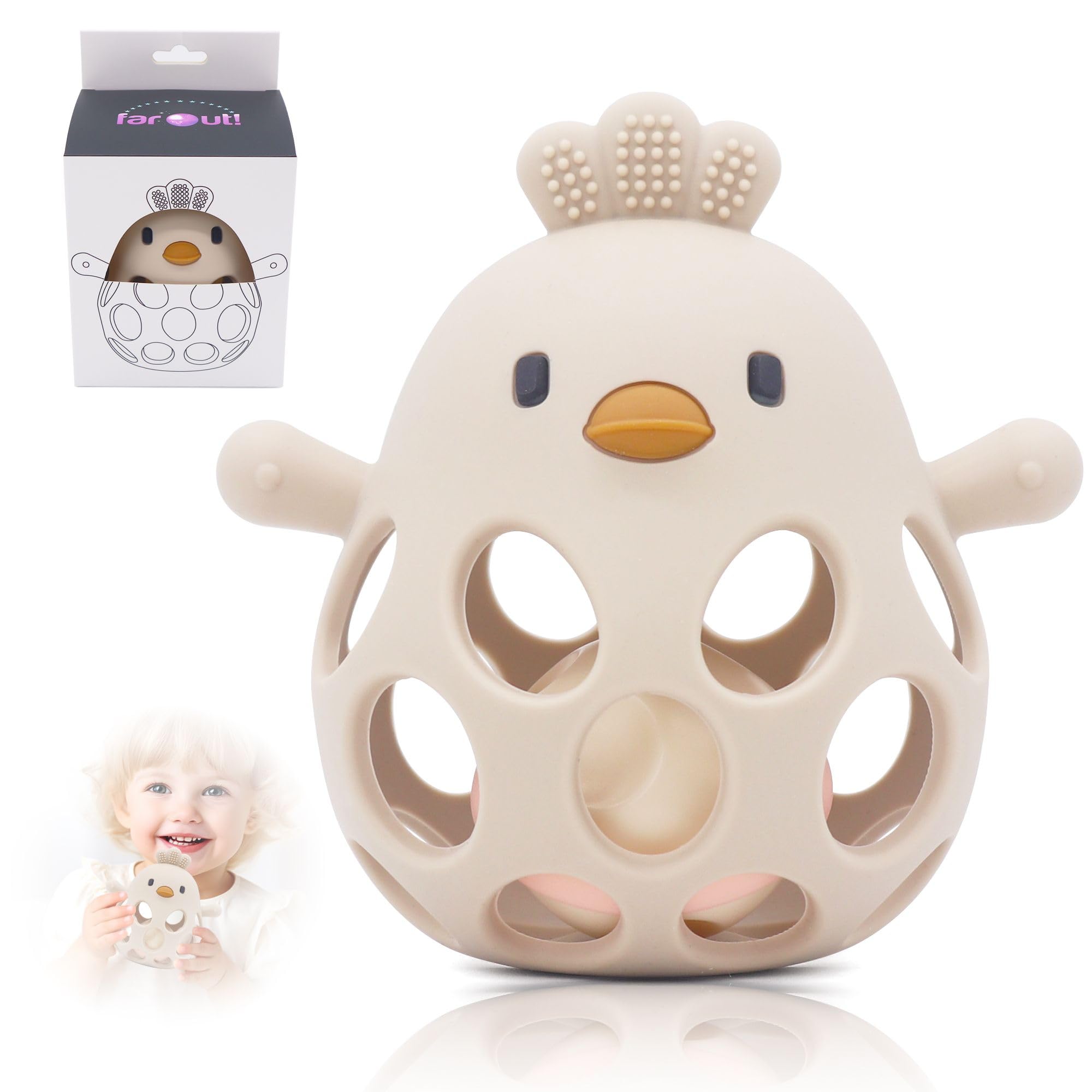 farout Montessori Beißring & Rassel für Babys - Sensorik Spielzeug ab 0 Monate, Zahnungshilfe & Greifball - Geschenk für Jungen & Mädchen