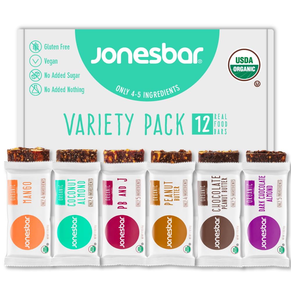 JONESBAR Organic Plant-Based Protein Bars | Peanut Butter and Jelly | Fruit & Nut Bar, Kosher, Gluten-Free, Breakfast Bars, School Snacks, Vegan Snack & Healthy Snacks for Adults and Kids (Pack of 12)