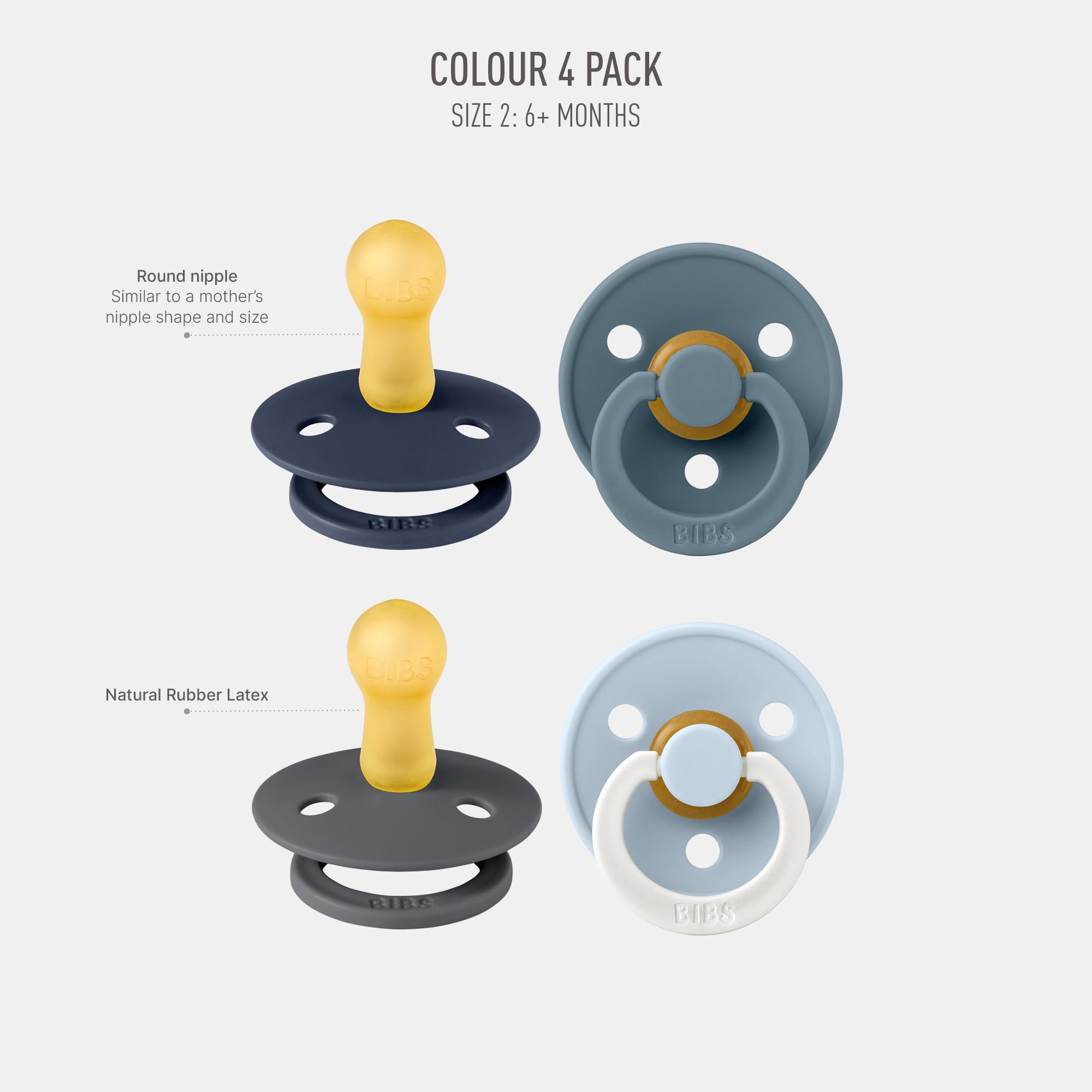 BIBS Colour Schnuller 4er-Pack, BPA-frei, Kirschform Nippel. Naturkautschuk/Latex, Hergestellt in Dänemark. 6-18 Monate (4er Pack), Iron Mix