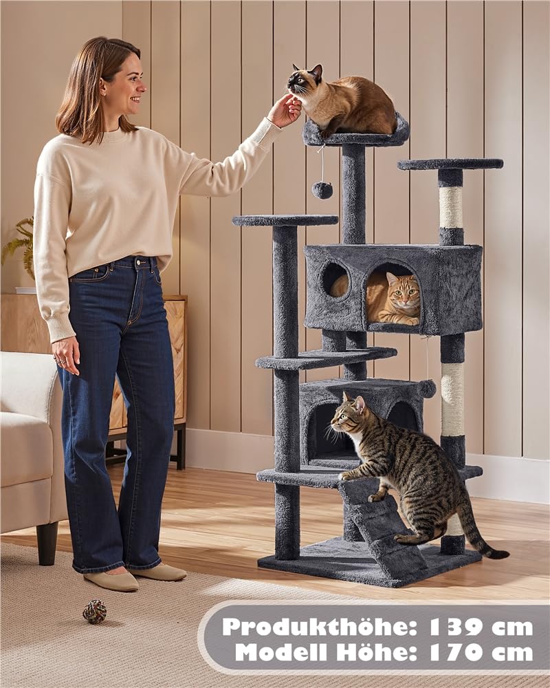 Yaheetech Kratzbaum Groß, 139 cm hoch, Mehrstöckiger Katzenbaum Kletterturm mit 3 Kratzsäulen, 3 Plattformen, 2 Gemütlichen Höhlen, 2 Plüschbällen, Stabiler Aktivitätsbereich für Katzen, Dunkelgrau