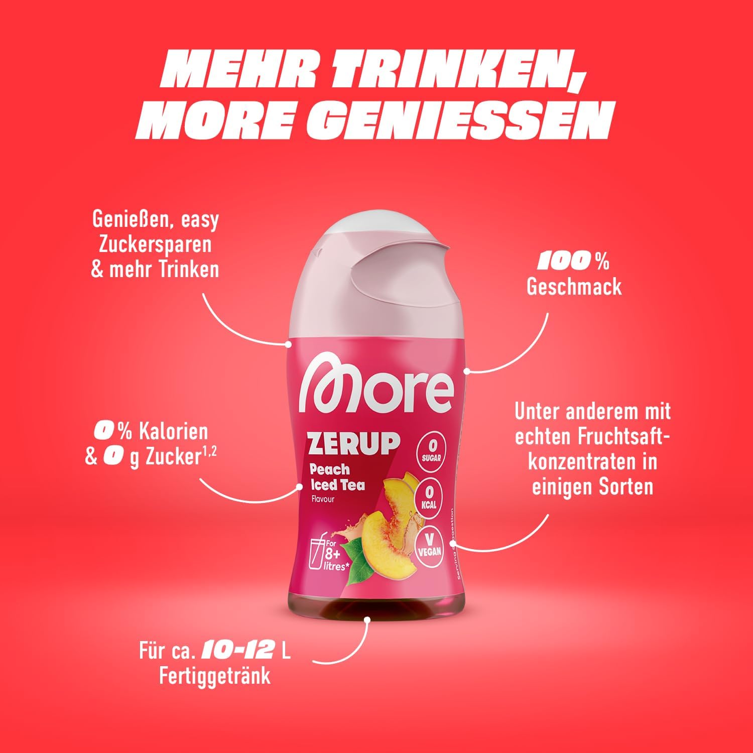MORE Zerup, Peach Iced Tea, 65 ml, für bis zu 8 l Fertiggetränk, zuckerfreier Sirup mit u.a. echten Fruchtextrakten, vegan, zero Kalorien - made in Germany