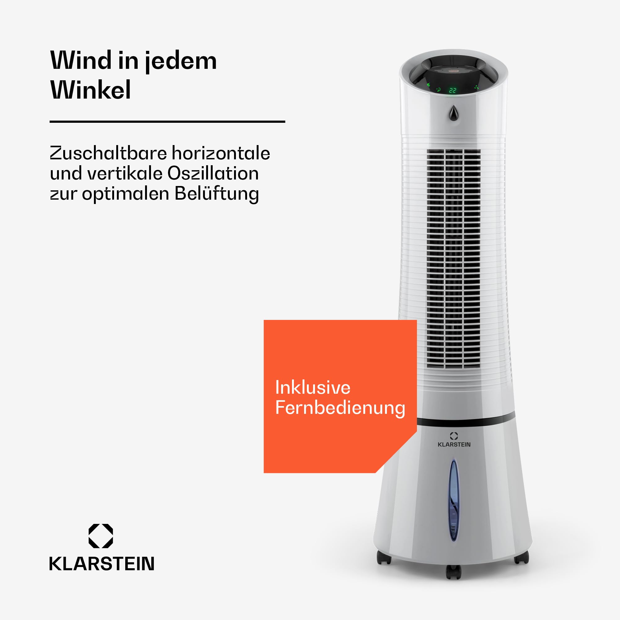 Klarstein Luftkühler mit Wasserkühlung, 5-in-1 Verdunstungskühler, Luftbefeuchter, Ventilator, Luftreiniger & Nachtmodus, Mobile Klimageräte Luftkühler 6L, 45 Watt Air Cooler, 180 m³/h Luftstrom